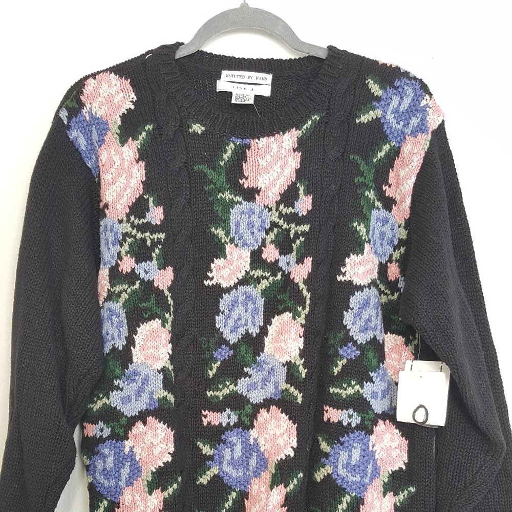 New Vintage 90s Cottagecore Knit Sweater Size Medium Floral Grunge Chunky Y2K